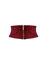 Front cut out image of morello waist cincher with gold zip central across the front paired with gold rings attaching adjustable straps