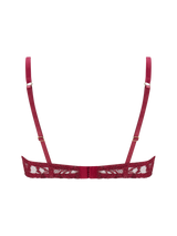 Coco de Mer Naraya red lurex Leaver's lace balcony bra with floral pattern, adjustable straps, and the delightful cut out detail adding drama.