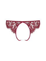 A red lurex Leaver's lace open knicker with scalloped panels and a sleek silk band and an open back