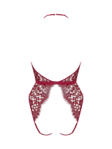 A red lurex Leaver's lace playsuit with a halterneck shape, delicate eyelash trim at the bust, and a silk band at the waist. It includes an open bottom, sleek adjustable silk straps and delicate golden hardware.