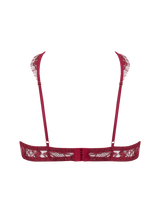 A red lurex French Leaver's lace quarter cup bra with silk shoulder straps featuring scalloped eyelash lace trims and a wired silhouette to give a beautiful silhouette.