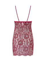 A red lurex Leaver's lace slip with triangle cups, and a keyhole back with a silk covered button