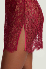 Coco de Mer Naraya red lurex Leaver's lace slip, showcasing the silk bound leg slit