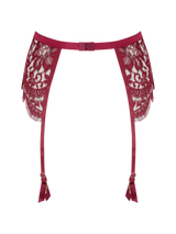 Kiana suspender belt with red lurex Leaver's lace in a foral design, scalloped eyelash trim and adjustable silk straps