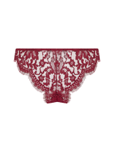 A red lurex Brazilian knicker with intricate Leaver's Lace pattern and scalloped edges.