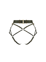Back cut out image of olive harness brief with a thick high waist waistband with large gold sliders attached to adjustable straps, harness straps shown across the buttock area with small central gold ring across the back