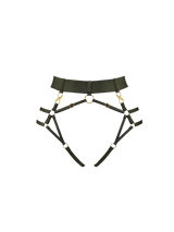 Front cut out image of harness brief without mesh knicker, showing a thick high waist waistband with gold sliders attached to adjustable straps with gold ring central across the front