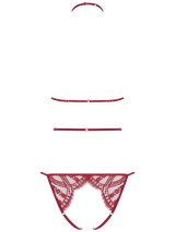 Back view of an intricate red French leavers lace open playsuit. Featuring red silk binding straps, scallop edge lace panels framing the bottom and an open crotch.