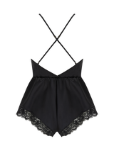 A black silk teddy with corded Leaver's lace trim, featuring a plunging neckline, low V back, and adjustable crossed silk straps. It has a high leg and pleated short design