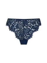 Brazilian knicker with scallop edge sapphire lace detailing across the back on a clear background