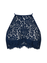 High neck plunge bra with sapphire lace detailing across the front with a silk quarter cup attached to an underwire