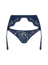 Open suspender knicker with scallop edge sapphire lace across the front and silk suspender straps attached