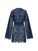 Scallop edge sapphire lace robe with silk tie across the waist on a plain background from the back