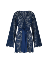 Sapphire lace robe with silk tie around the waist on a plain background from the front