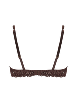A brown Coco de Mer Tamia Balcony Bra with mocha embroidery, chocolate silk binding, and adjustable straps.