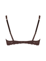 A brown quarter cup bra with chocolate silk underwires and mocha embroidery, adjustable silk-covered straps, and golden hardware.