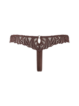 Tamia Skirted Thong with mocha-colored bespoke embroidery and silk bound strapping, featuring a scalloped edge