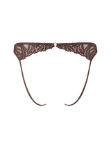 An open knicker with mocha-colored bespoke embroidery and silk bound strapping, featuring a scalloped edge