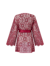 A red lurex leaver's lace robe with a silk belt, designed with wide sleeves and scalloped edges at the neckline and cuffs.