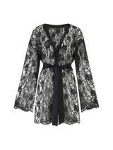 A black Leaver's lace robe with scalloped hem and sleeves, featuring a jet black silk tie.