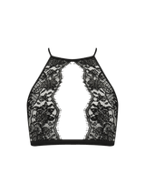 A black Leaver's lace halter bra with an adjustable strap and gold clasps, designed with intricate floral patterns.