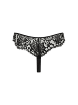 Coco de Mer Hera Black Leaver's Lace Skirted Thong with intricate flower detailing and scalloped edges