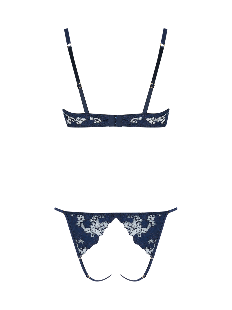 An intricate, navy blue, floral embroidered Coco de Mer Arella Wired Open Playsuit with silk bound crescent cups and adjustable straps