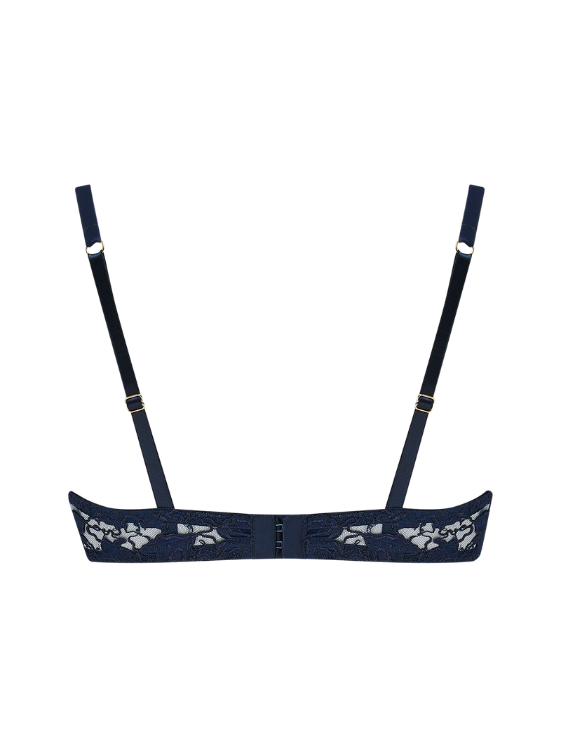 A deep blue, floral patterned half cup bra with silk-cased underwire, scalloped edges, adjustable silk straps, a hook and eye closure, and golden hardware.