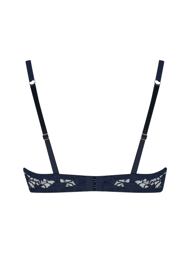 A deep blue quarter cup bra with intricate embroidery along the edges and adjustable straps.