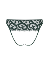Cut out image of a Coco de Mer open knicker. Featuring a floral dark green embroidery with scalloped edges and silk finishes. 