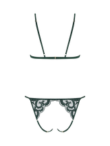 Cut out image showing the back of a Coco de Mer open playsuit. The lingerie piece is made of a dark green floral embroidery with scalloped edges and silk strapping throughout.