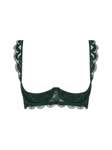 Cut out image of a dark green embroidered Coco de Mer bra. Featuring a 'peek-a-boo' quarter cup design, bespoke floral embroidery and a scalloped edge. 