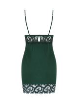 Green slip dress with lace details on a white background