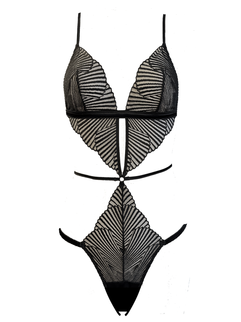 Black lace lingerie set on a white background