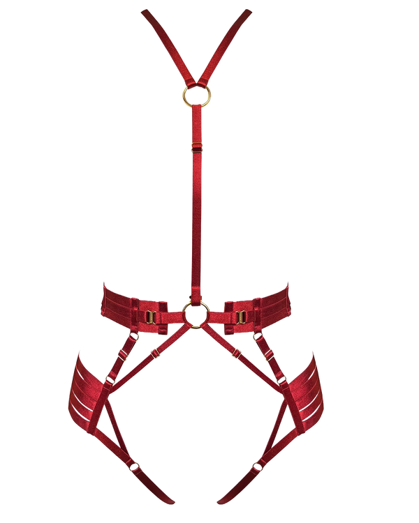 Bordelle Signature Strap Body Harness in Burnt Red with elasticated straps and 24K Gold hardware