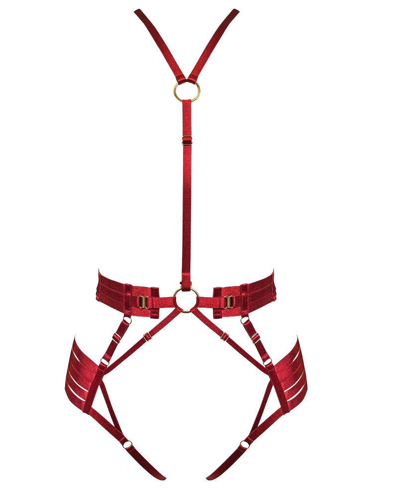 Bordelle Signature Strap Body Harness in Burnt Red with elasticated straps and 24K Gold hardware
