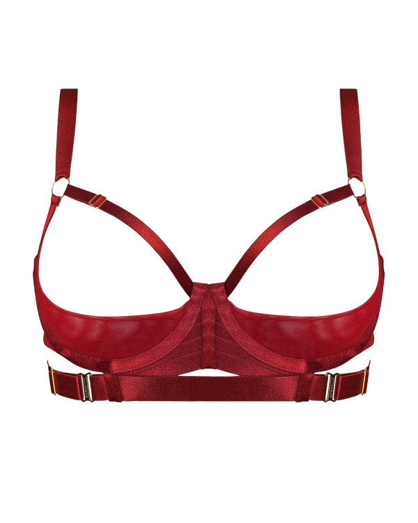 Bordelle Signature Shelf Bra in Burnt Red with open cups and elasticated straps with 24K gold hardware