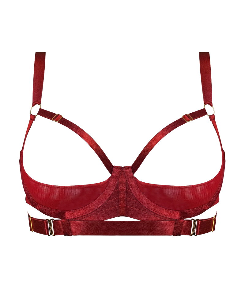 Bordelle Signature Shelf Bra in Burnt Red with open cups and elasticated straps with 24K gold hardware