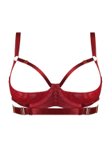 Bordelle Signature Shelf Bra in Burnt Red with open cups and elasticated straps with 24K gold hardware