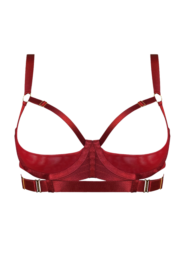 Bordelle Signature Shelf Bra in Burnt Red with open cups and elasticated straps with 24K gold hardware