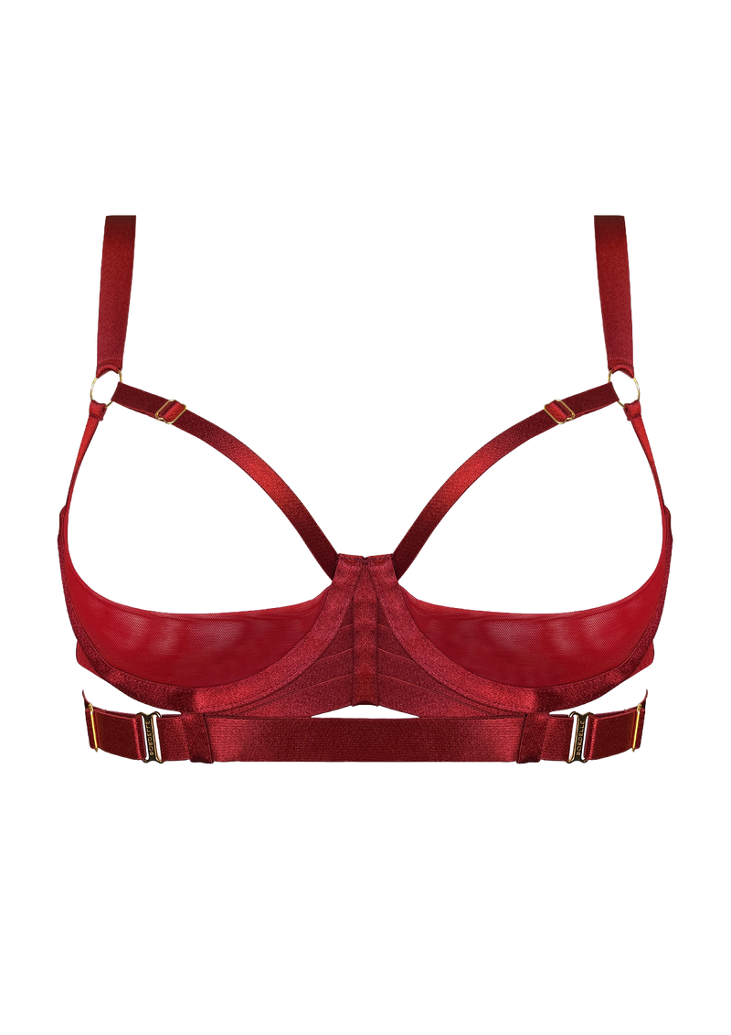 Bordelle Signature Shelf Bra in Burnt Red with open cups and elasticated straps with 24K gold hardware