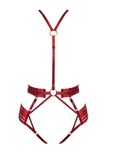 Bordelle Signature Strap Body Harness in Burnt Red with elasticated straps and 24K gold hardware