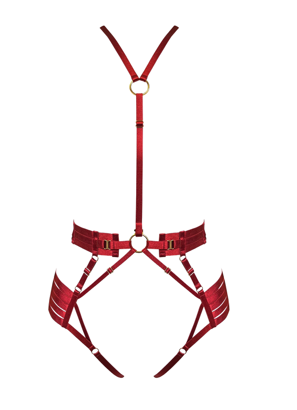 Bordelle Signature Strap Body Harness in Burnt Red with elasticated straps and 24K gold hardware