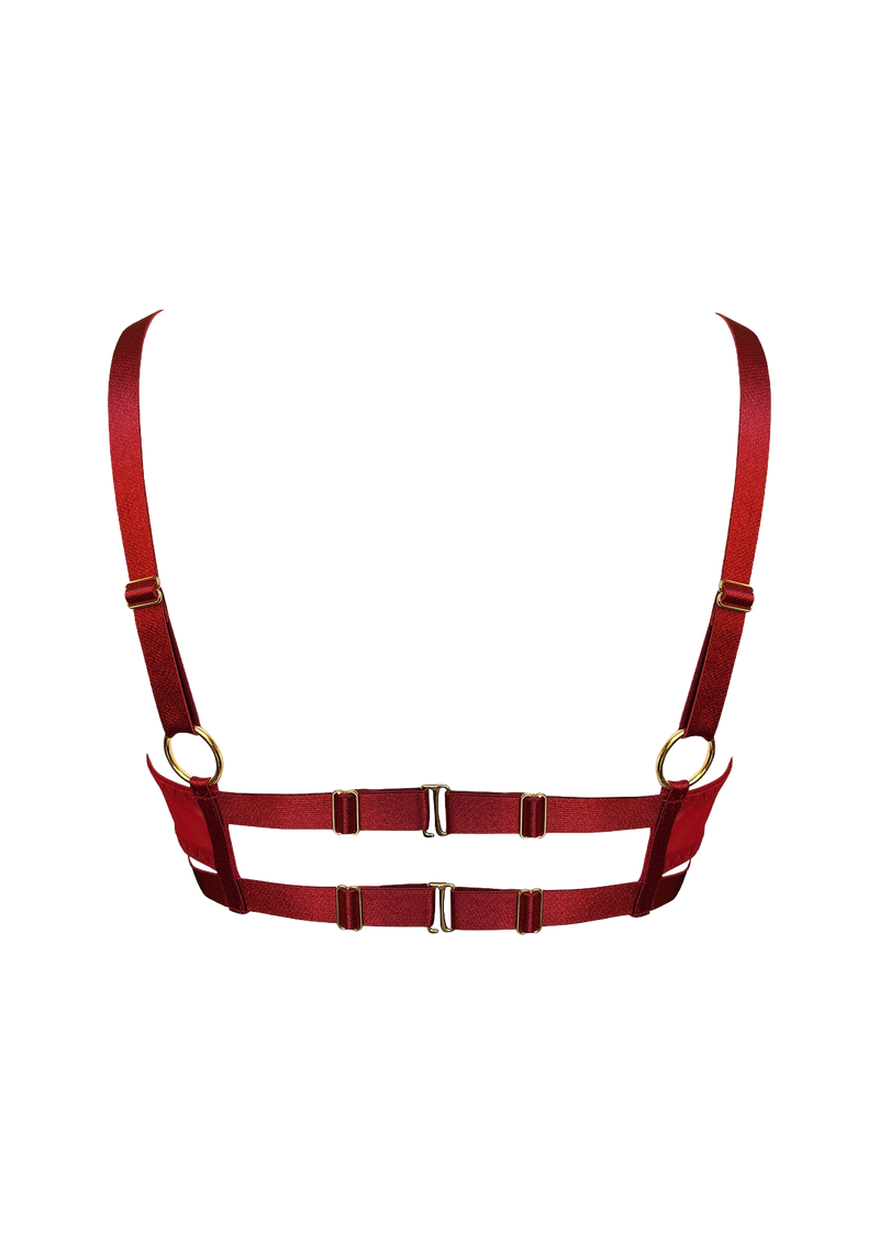 Bordelle Signature Shelf Bra in Burnt Red with open cups and elasticated straps with 24K gold hardware