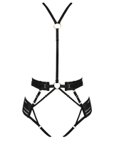 Bordelle Signature Strap Body Harness in Black with elasticated straps and 24K Gold hardware