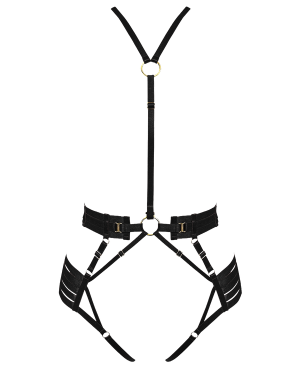 Bordelle Signature Strap Body Harness in Black with elasticated straps and 24K Gold hardware