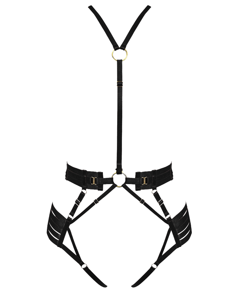 Bordelle Signature Strap Body Harness in Black with elasticated straps and 24K Gold hardware