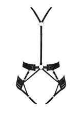 Bordelle Signature Strap Body Harness in Black with elasticated straps and 24K Gold hardware