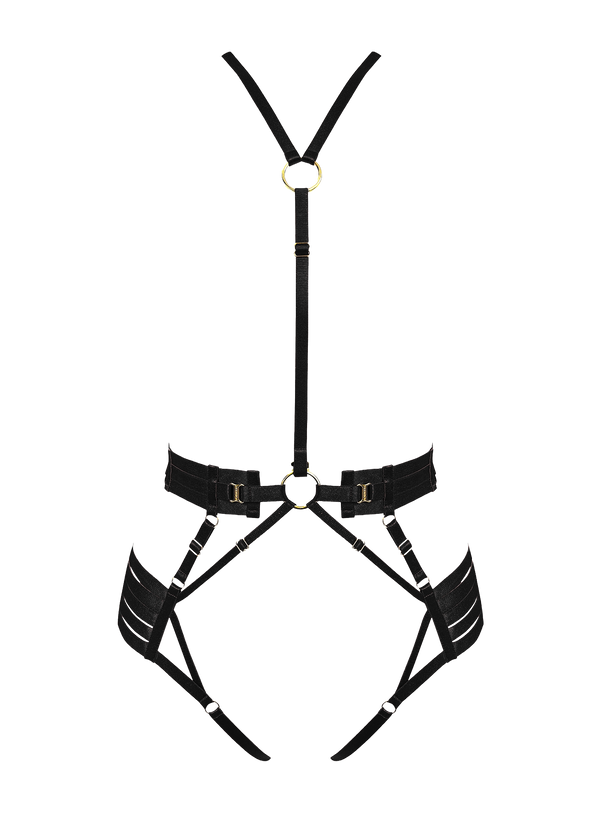 Bordelle Signature Strap Body Harness in Black with elasticated straps and 24K Gold hardware
