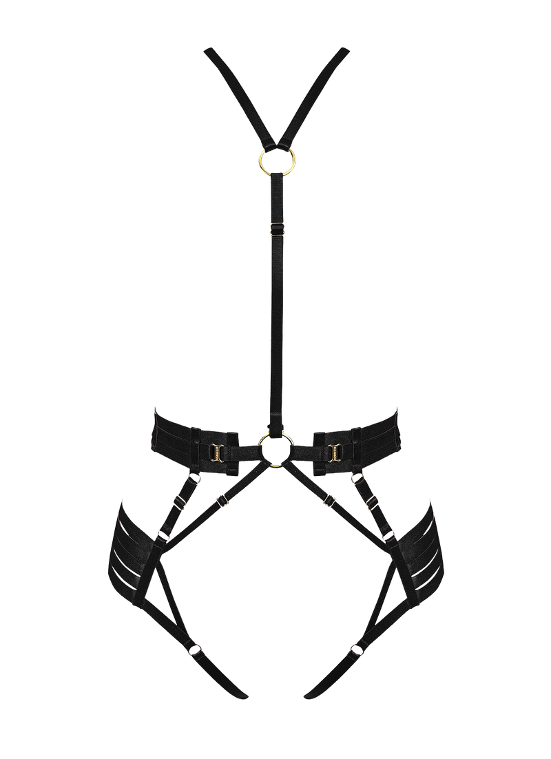 Bordelle Signature Strap Body Harness in Black with elasticated straps and 24K Gold hardware